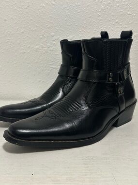 Alberto Fellini Men's Black Leather Harness Western Ankle Boots cowboy boots